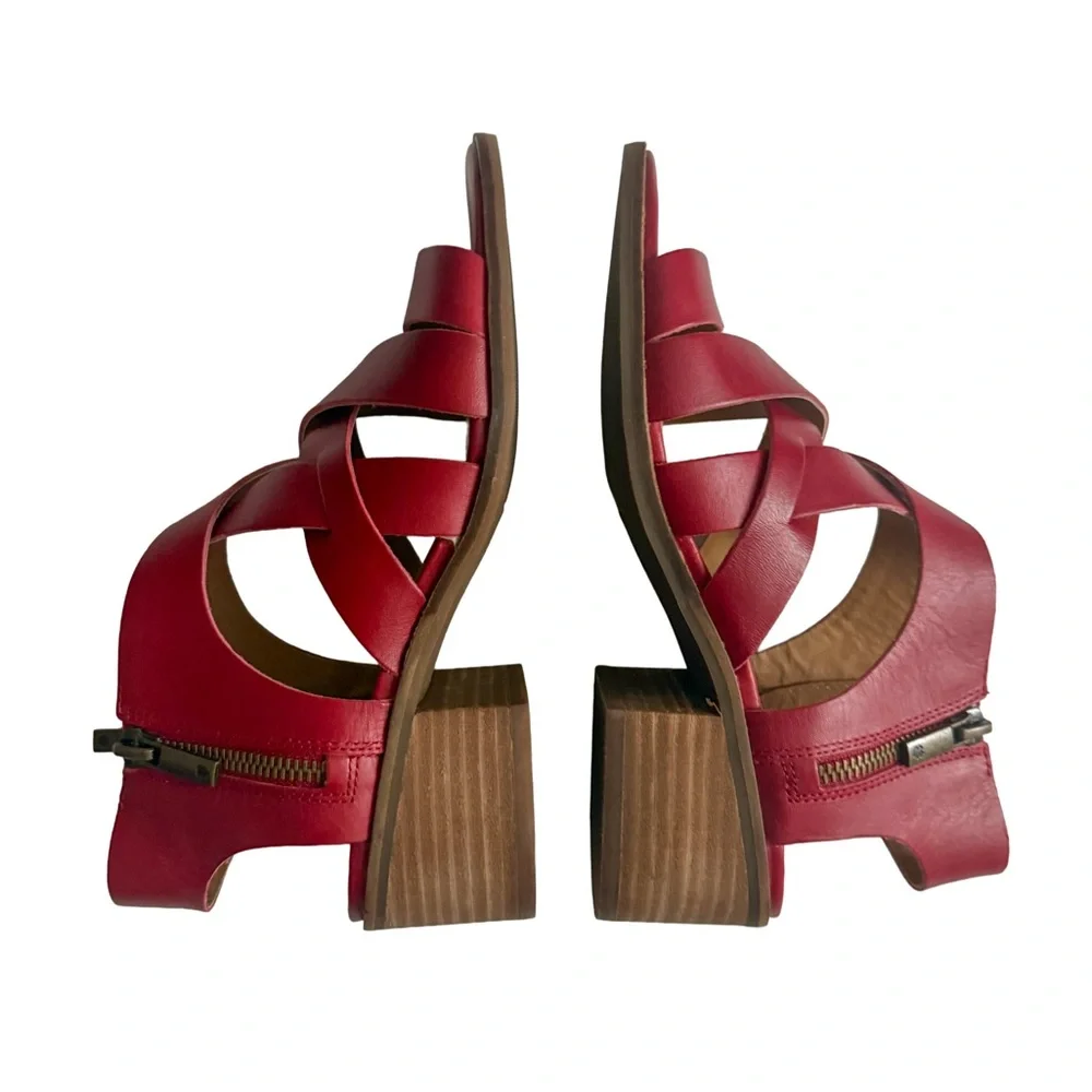 LUCKY BRAND Rich Garnet Red Leather Strappy Sandals Block Heel Size US 5M /EU 35 - Picture 12 of 15